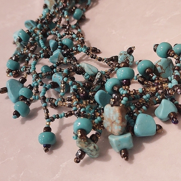 Multi Strand Handmade Turquoise and Bronze Beaded Necklace - Picture 9 of 12
